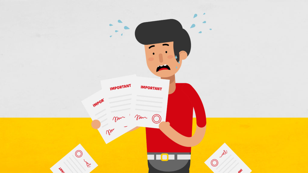 Ein Mann mit vielen Dokumenten, der anfängt zu schwitzen und in Panik zu geraten. Thumbnail für eine Social Media Animation für die Deutsche Post AG.