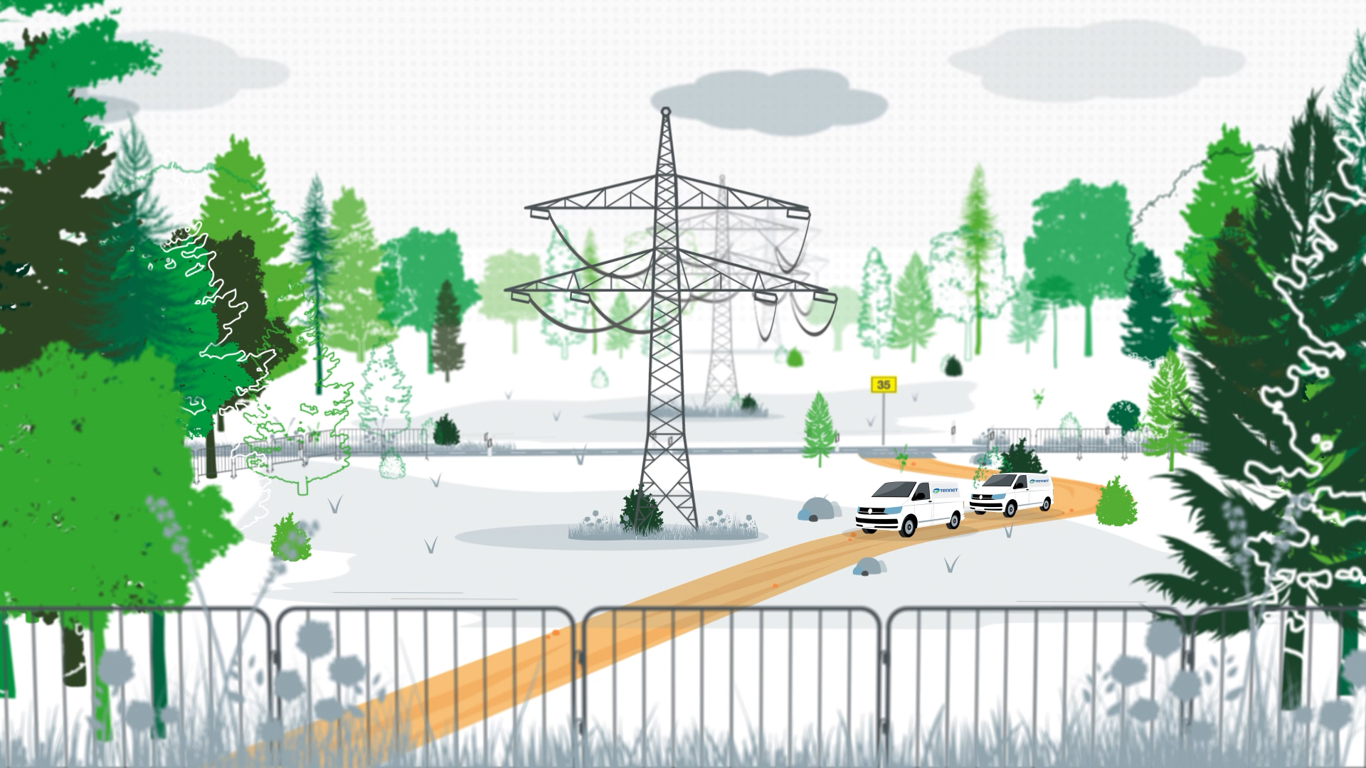 Eine Freileitung steht im Wald und wurde umzäunt. Autos der Baufirma befinden sich rechts daneben auf einem Waldpfad. Thumbnail einer Animation eines Erklärvideos für die Tennet GmbH.