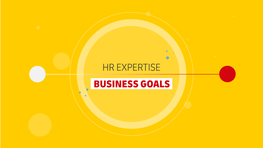 Auf einem gelben Hintergrund ist mittig ein hellerer, gelber Kreis. darauf steht: HR EXPERTISE - BUSINESS GOALS. Links befindet sich ein weißer Punkt und rechts ein roter, die miteinander verbunden sind. Thumbnail einer Animation für einen Service der Deutschen Post AG.