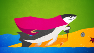 Forellenähnlicher Fisch mit Umhang und Stock steht in heldenhafter Position am Strand. Thumbnail eines Erklärvideos für das Naturkundemuseum Stuttgart.