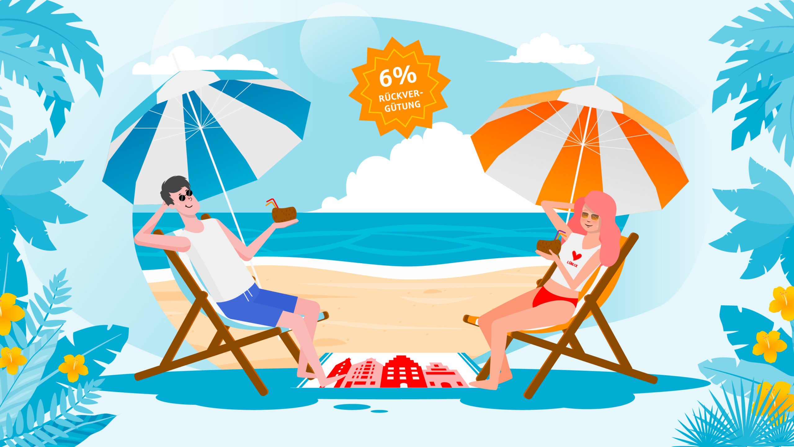 Frau und Mann sitzen im Liegestuhl am Strand und trinken ein Getränk aus einer Kokosnuss. Rabatt steht in der Mitte des Bildes. Thumbnail für eine Animation über ein Produkt der Sparkasse Lübeck.