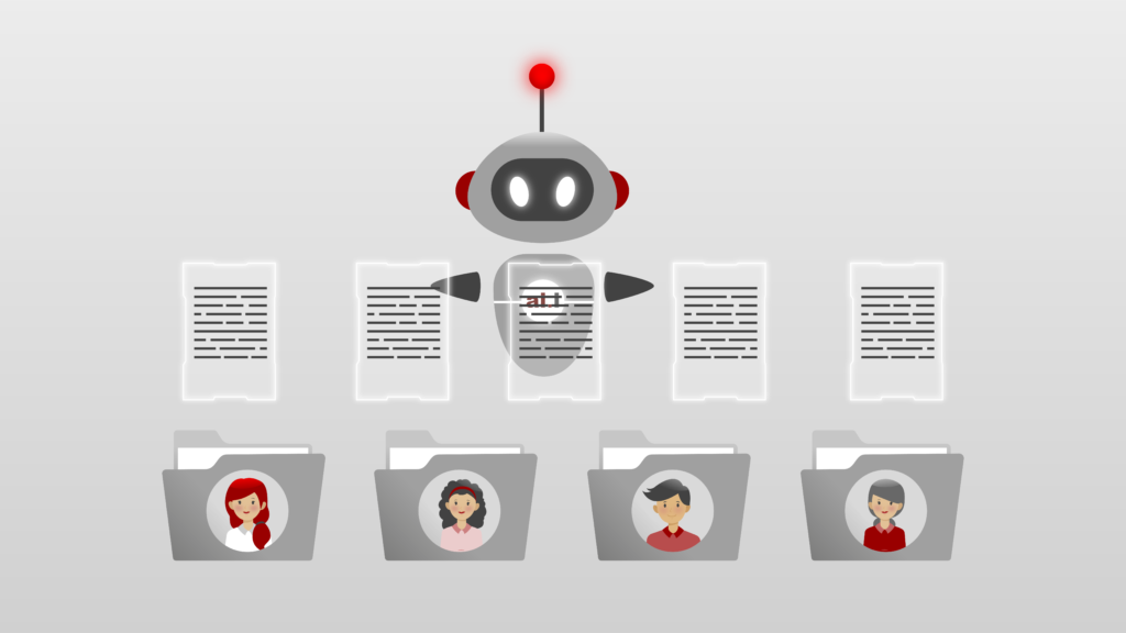 Schwebender Roboter mit ausgebreiteten Armen in der Mitte. 5 Dokumente befinden sich vor dem Roboter. Darunter sind in einer Reihe 4 Akten mit verschiedenen Gesichtern. Thumbnail einer Produktanimation für aiworks4u.