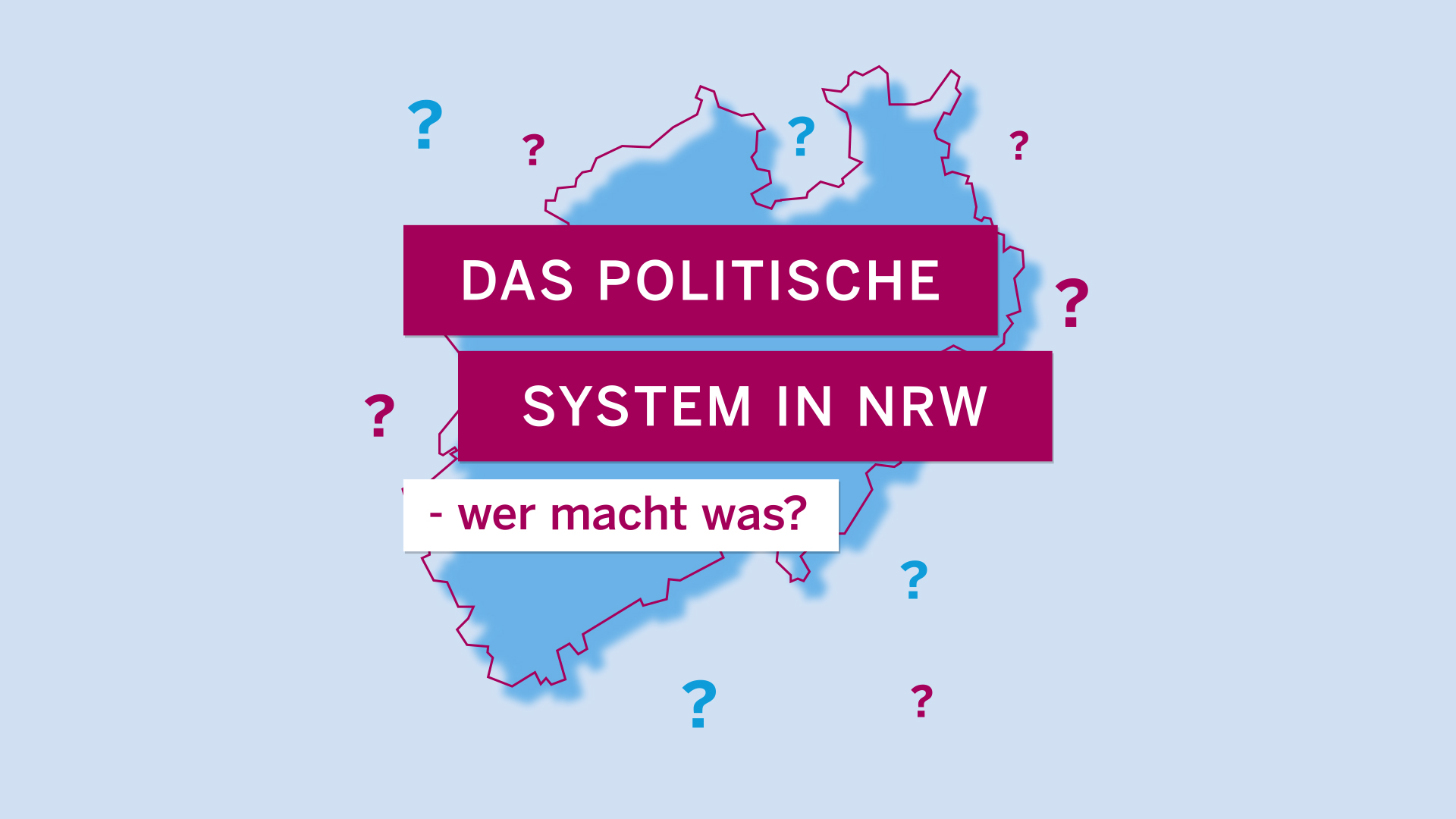 Im Hintergrund befindet sich das Bundesland NRW und verschiedene Fragezeichen. Davor steht geschrieben: Das politische System in NRW - Wer macht was? Thumbnail eine Social Media Animation für die Landeszentrale für politische Bildung Nordrhein-Westfalen.